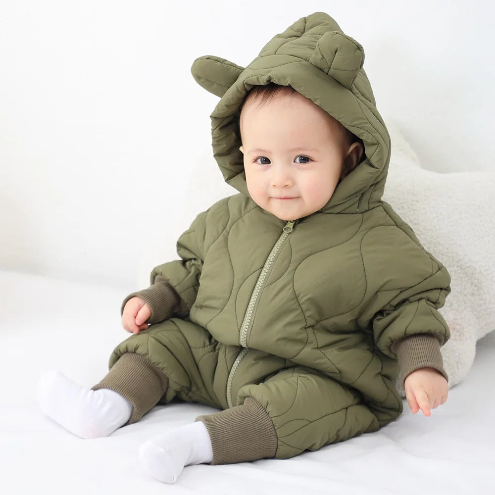 Baby jumpsuit Winter new plush and thick cotton clothes Newborn crawling clothes Baby and children's hooded outdoor clothes