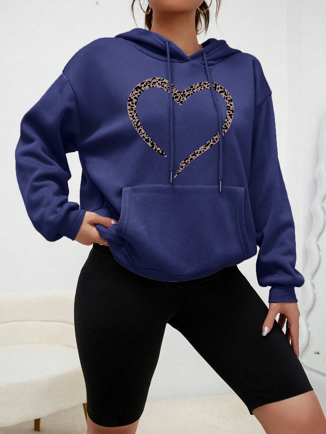 Leopard Print Heart Printed Clothes Women Vintage Pocket Streetwear Hip Hop Autumn Hoodies All-Match Comfortable Female Pullover