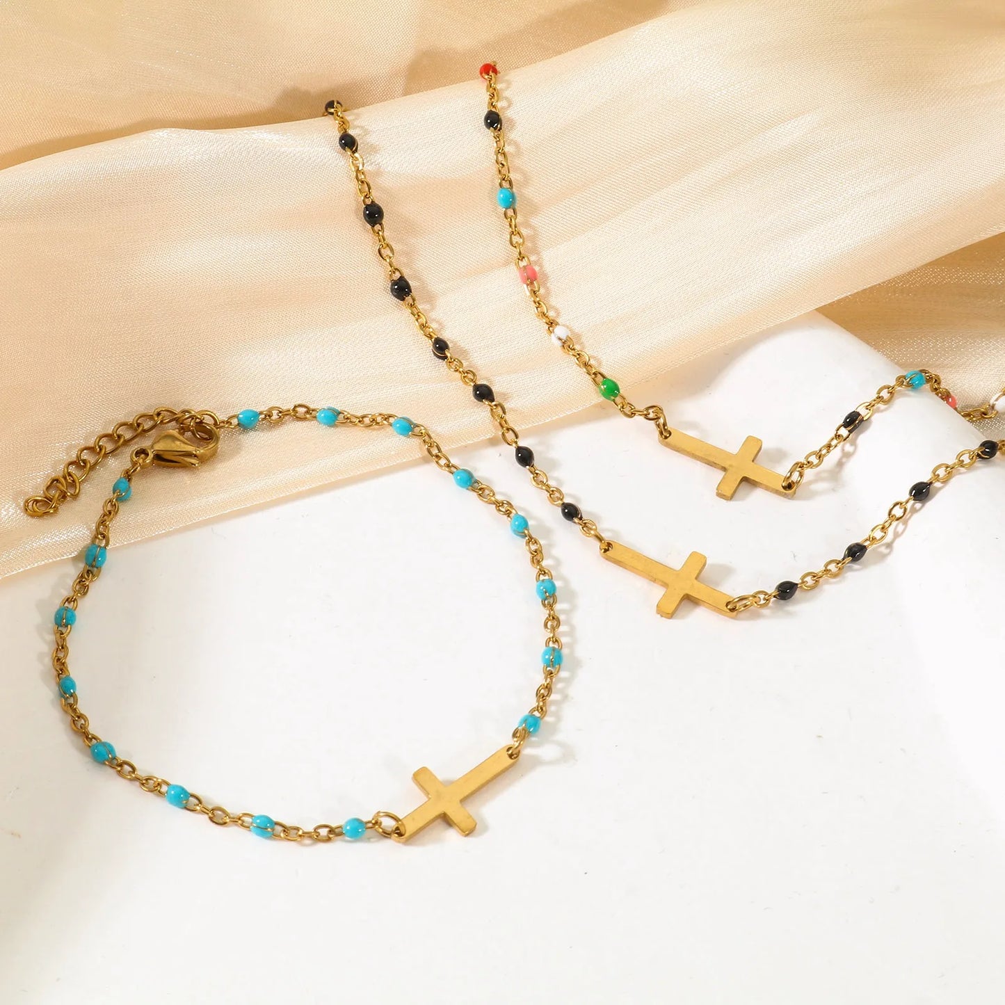 Religious Stainless Steel Cross Charms Bracelets Women Girls Gold Color Metal Link Chains Party Club Jewelry Gifts,18cm Long