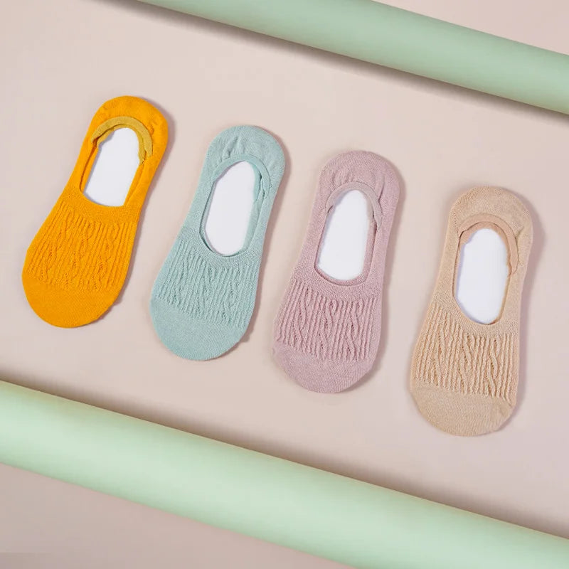 5 Pairs Women Cotton Low Cut Socks Solid Snowflake Softable Summer Silicone Non-slip Deep Mouth Prevent Heel Loss Slipper Socks