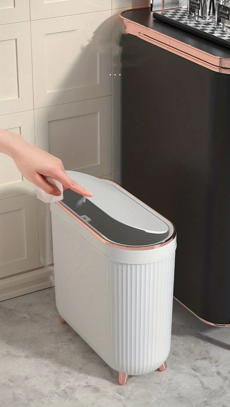 Compact Quiet-Close Trash Can for Bathroom/Bedroom - Electricity-Free, Space-Saving, with Optional Lid