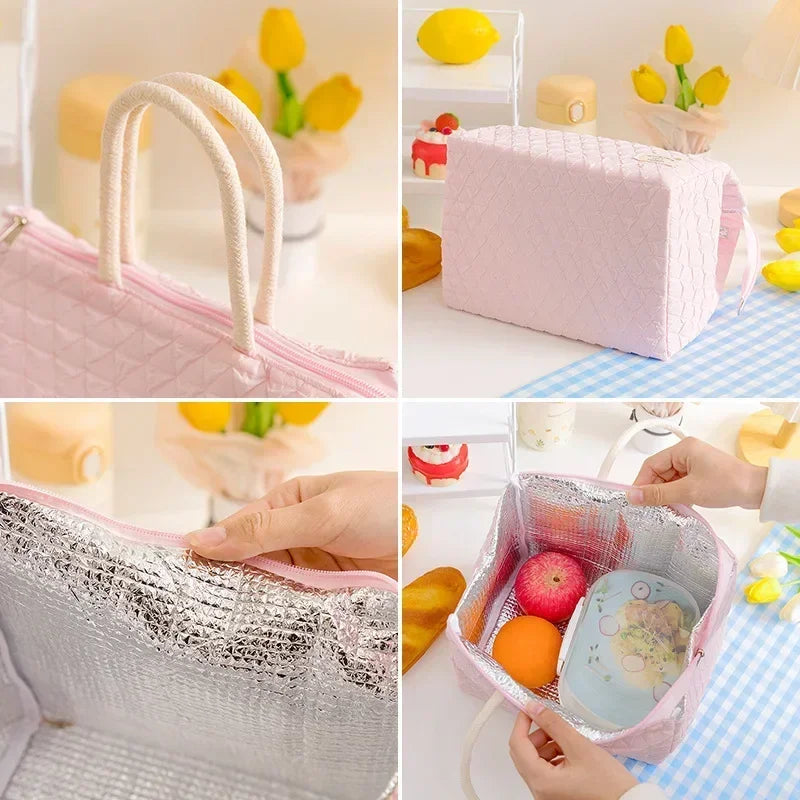 Solid Colour Women Waterproof Tote Bag Insulation Food Bag for Office Lunch Box Bag New Fashionable Simple Large Capacity