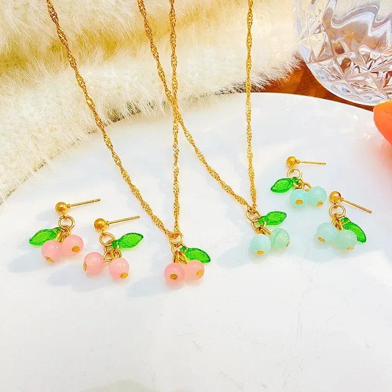 Exquisite Cherry Red Necklace And Earring Set For Women Fashionable Personalized Daily Accessory Party Jewelry Birthday Gifts