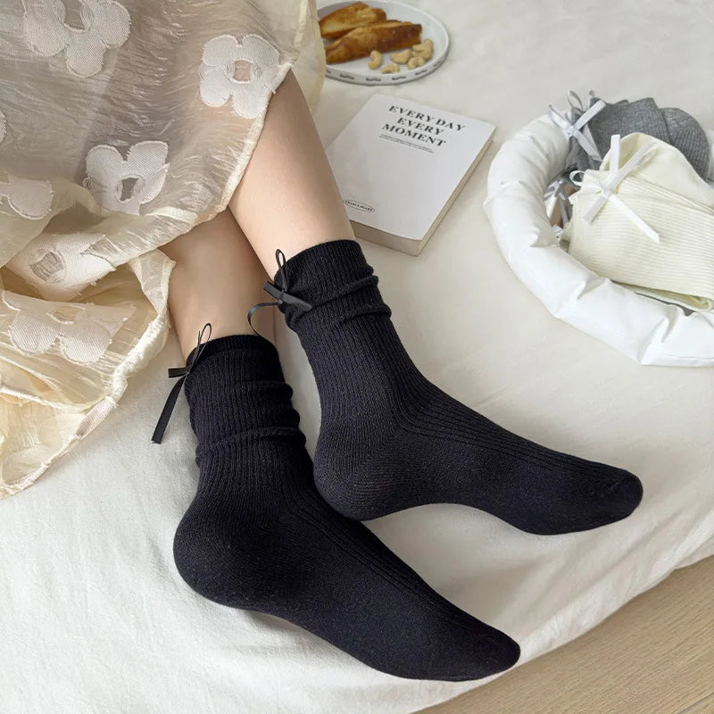 Japanese JK Sweet Bowknot Tied Middle Tube Socks Women Heel Bow Socks Casual Black White Pile Socks Girls Sports Cotton Socks