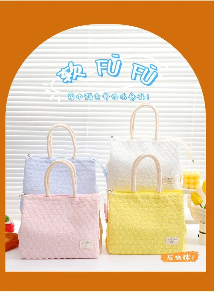 Solid Colour Women Waterproof Tote Bag Insulation Food Bag for Office Lunch Box Bag New Fashionable Simple Large Capacity