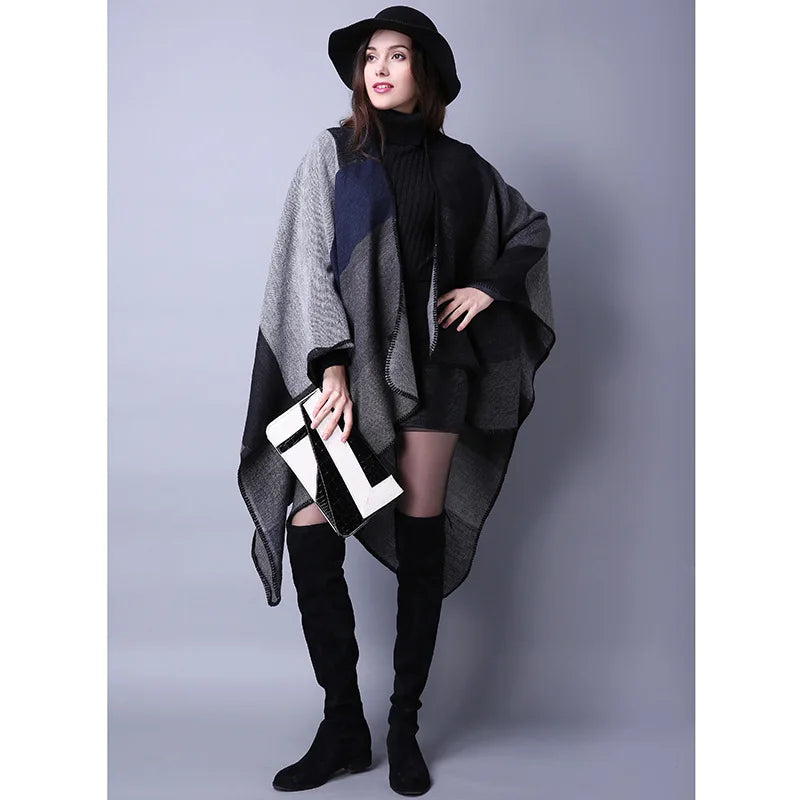 Thicken Winter Shawl Wraps Cape Women Fall Ponchos Plus Size Block Plaid Open Front Sweater Fleece Scarf Coat Holiday Outfits