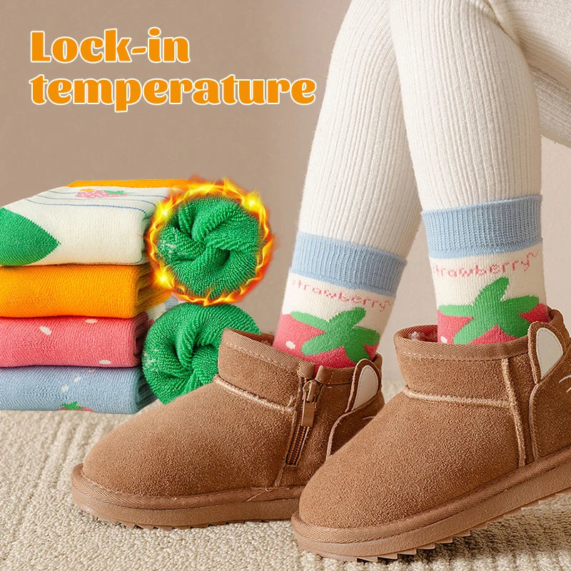 5Pairs 1-16Years Terry Socks for Children soft Breathable Thickened Fabric High Elasticity Strawberry Duck Socks and Baby Heater
