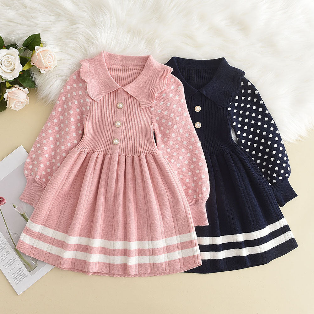 Girl Baby Sweater Knitted Dress Warm Sweater Dress Polka Dots Girls Infant Casual Pleated Princess Dresses Vestidos