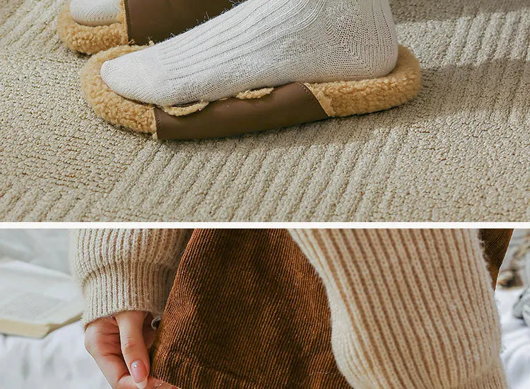 Autumn and Winter Diamond Check Wool Socks Coffee Color with Solid Color Women's Socks in The Tube Women's Warm Cotton Socks