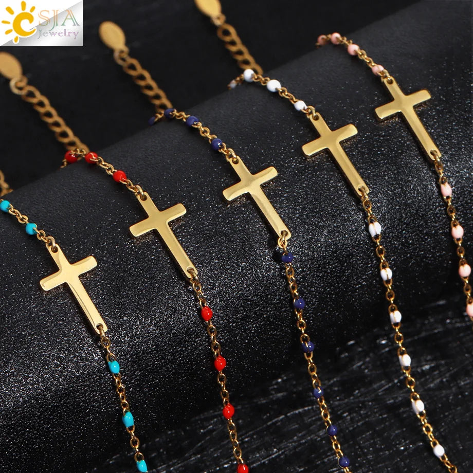 CSJA Fashion Thin Chain Stainless Steel Bracelet for Women Gold Color Cross Charm Enamel Bracelets Summer Jewelry Gift T100