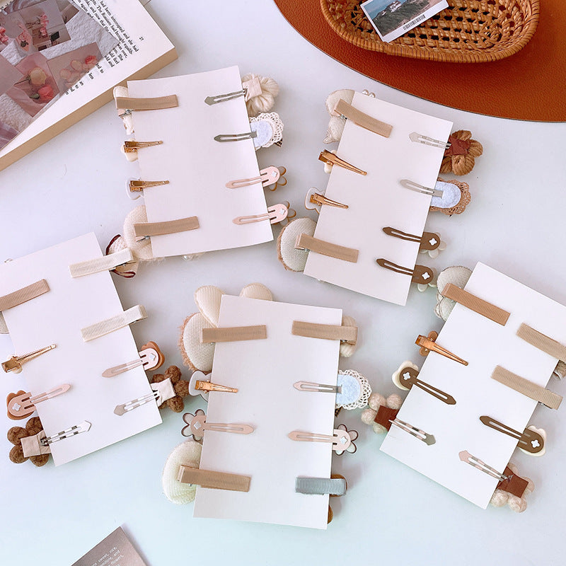 8pcs/set Sweet Girl Hair Clip Cartoon Bear Floral Bowknot Hair Pin for Toddler Girl Lovely Beige Coffee Color Kids Girl Headwear