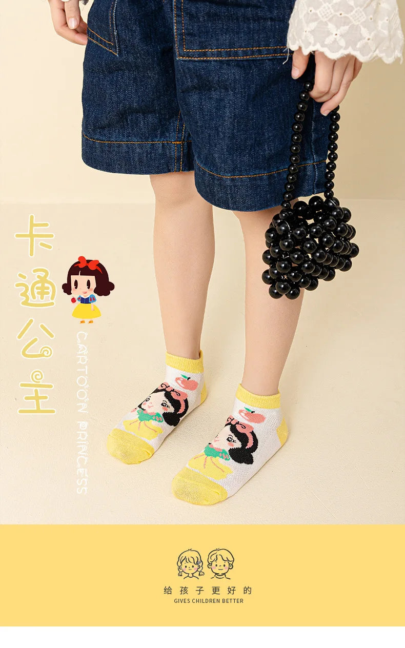 5 Pairs Disney Kids Socks Mesh Breathable Ice Thin Socks Summer Kawaii Cartoon Childrens Mid-calf Cotton Sock for Girls