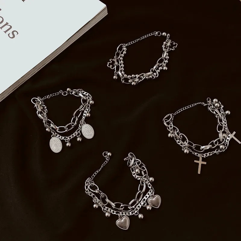 Gold Color Bracelet Set of Four Stainless Steel Sequins Rhinestone Bracelet Combination for Women Chain Bracelet Jewelry Gifts