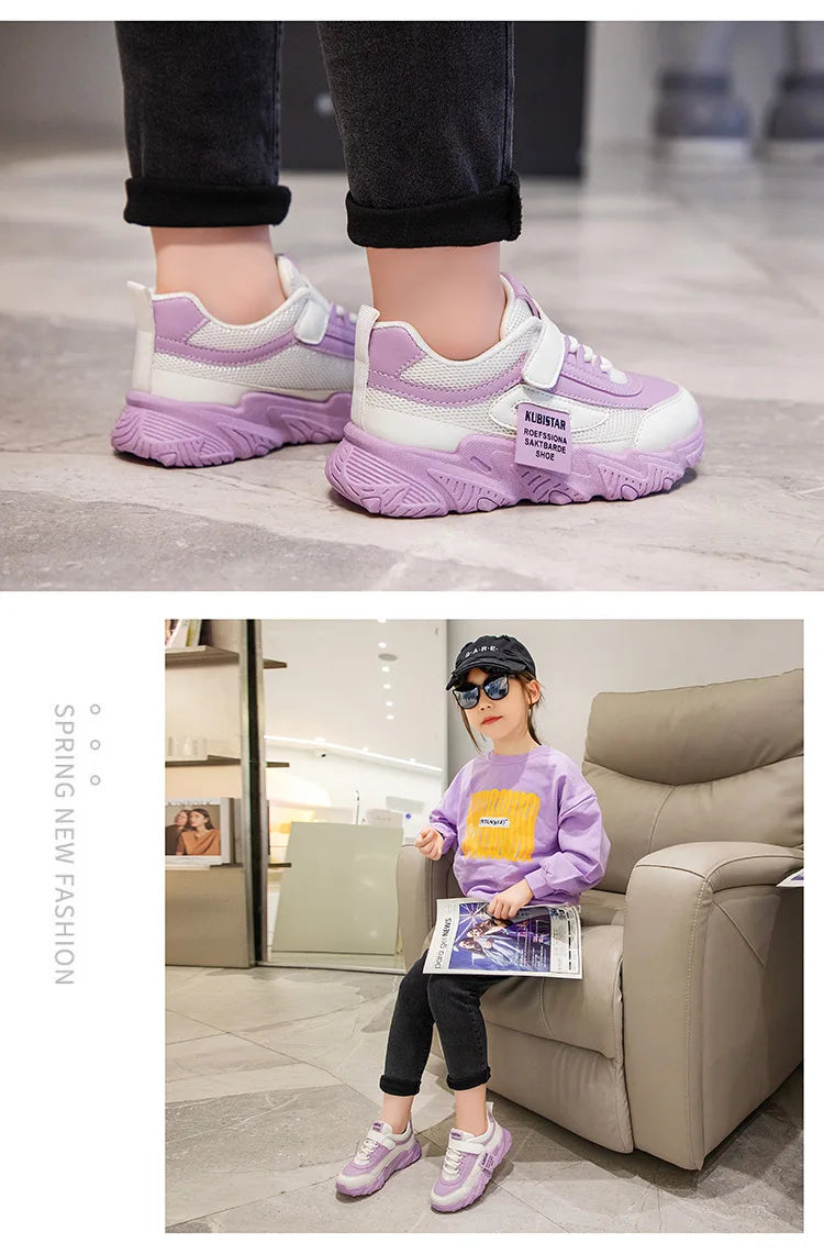 Spring New Kids Sneakers 2023 PU Girls Casual Mesh Solid Pink Light Boys White Hook & Loop Children Non-slip Sports Shoe Fashion