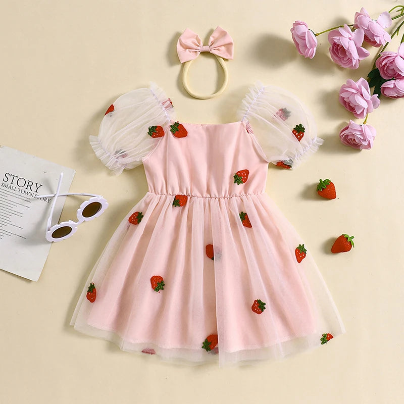 Kids Girls 2-piece Outfit Puff Sleeve Embroidery Strawberry Tulle A-line Dress with Headband Summer Children Dress Outfits