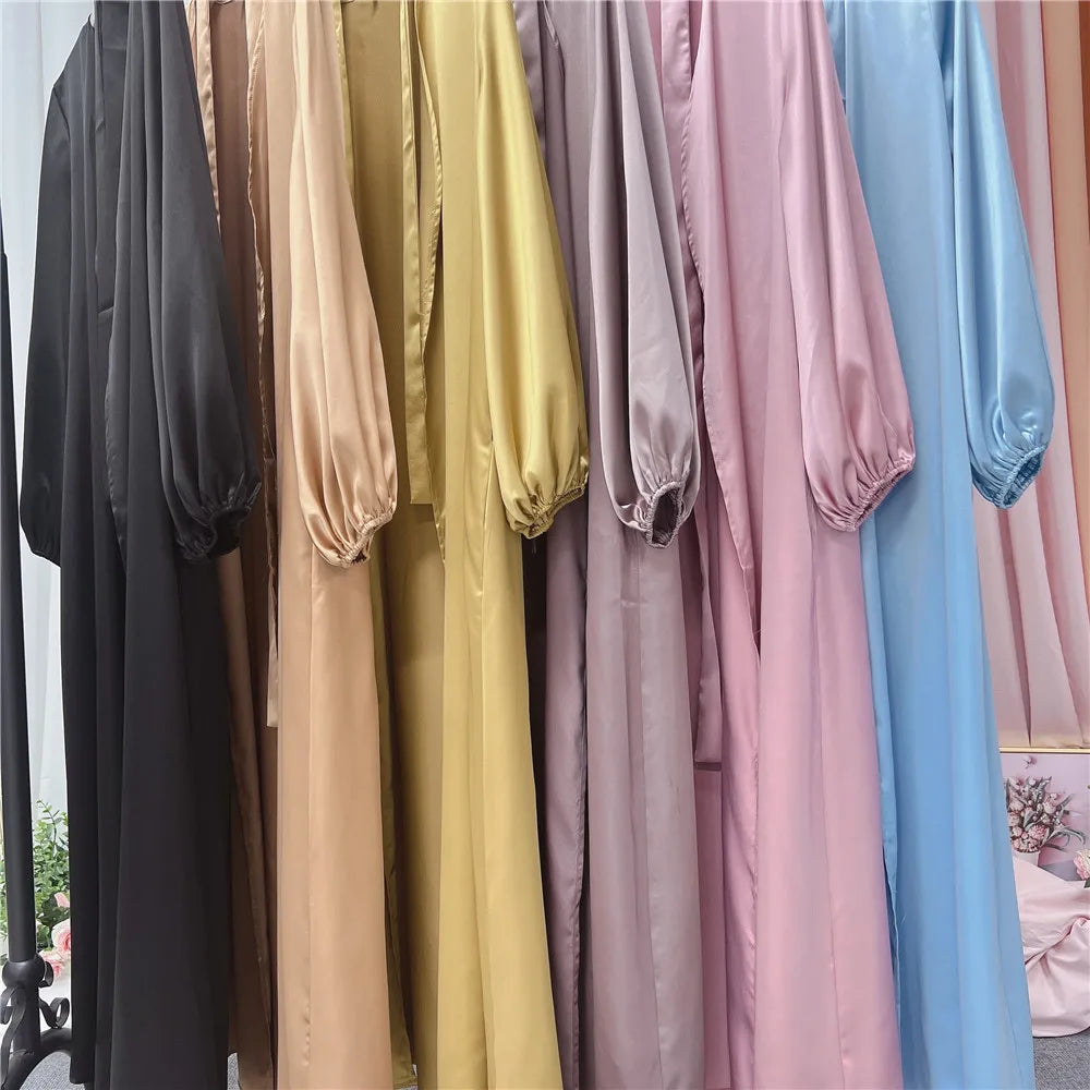 Ramadan Eid Fashion Silky Satin Muslim Abayas Robe Musulmane Abaya Cardigan Muslim Arab Worship Service Clothing Wy836