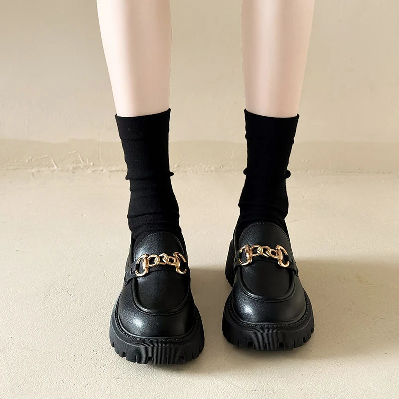 loafers Female Shoes Women Fashion Mary Janes Round Toe Flats Loafers Oxfords Platform Casual Metal Chain Buckle Ladies Heels