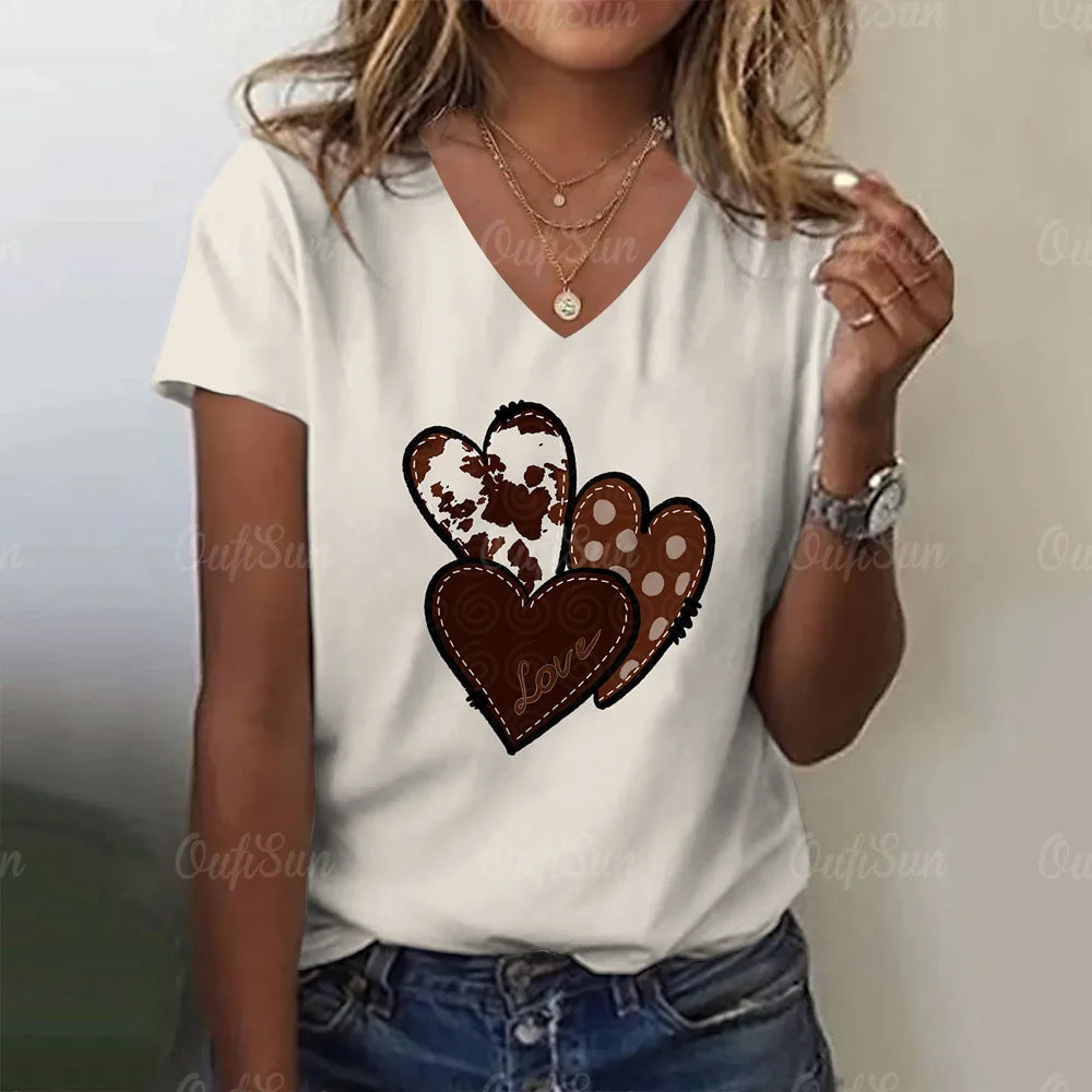 Fashion Women's T Shirt Love Print V-neck Female Short Sleeve Harajuku Tops Ladies T-shirts Oversized Tee Shirt Women Clothing