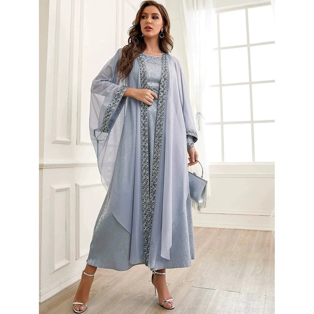 Elegant Embroidery Muslim Dress Ramadan Gurban Dubai Arab Two Piece Set Middle East Turkey Slash-Neck Fashion Abaya Clothing