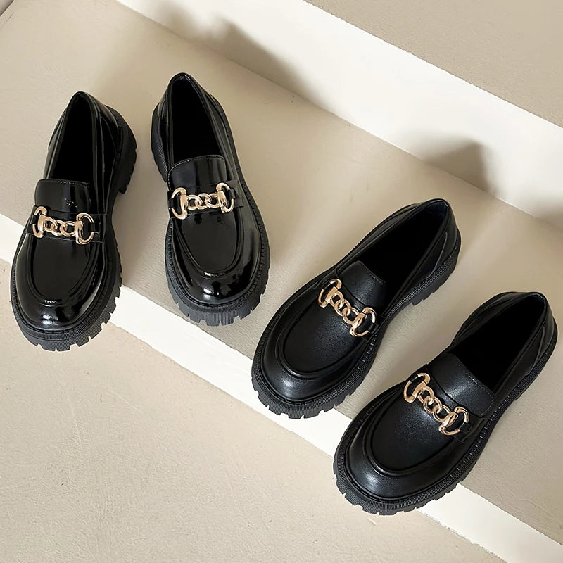loafers Female Shoes Women Fashion Mary Janes Round Toe Flats Loafers Oxfords Platform Casual Metal Chain Buckle Ladies Heels