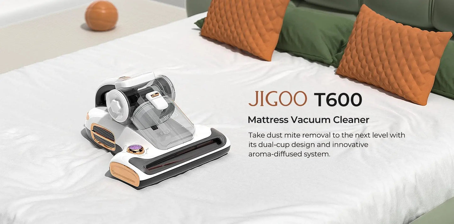 JIGOO T600 Dual-Cup Smart Mite Cleaner with Aroma-Diffuser System, 700W 15KPa Suction Dust Mite Sensor, UV Light Ultrasonic Tech
