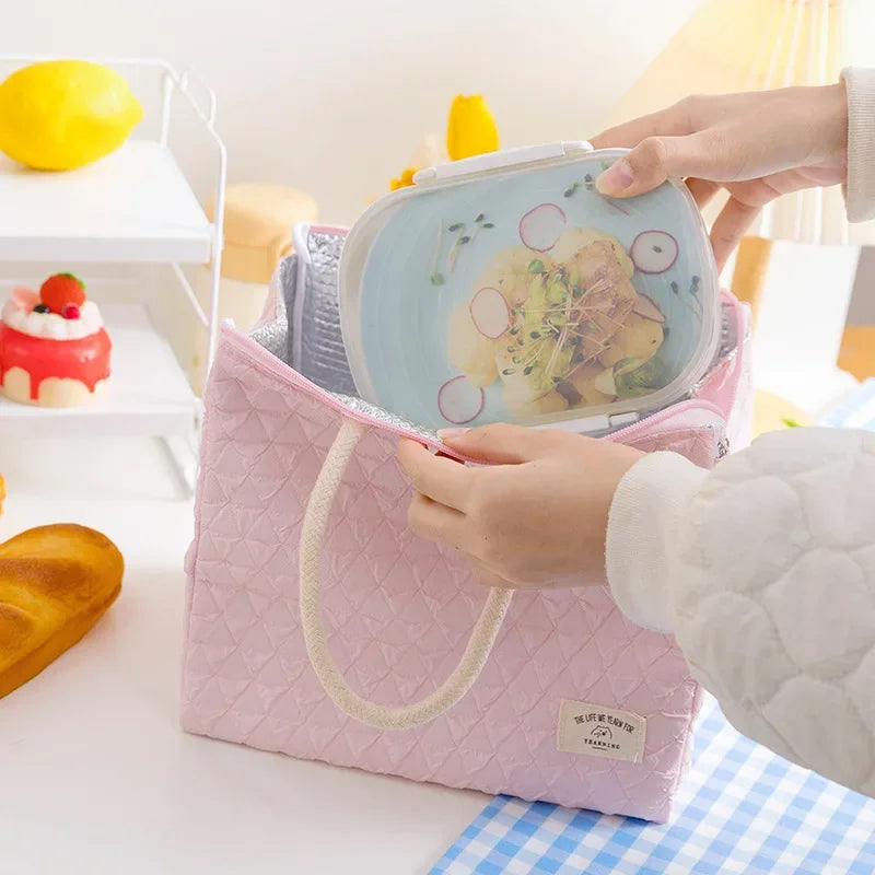 Solid Colour Women Waterproof Tote Bag Insulation Food Bag for Office Lunch Box Bag New Fashionable Simple Large Capacity
