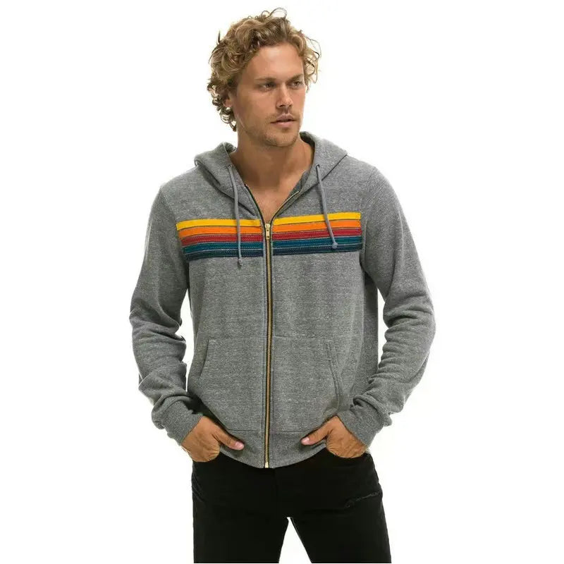 Donsignet Women Hoodies Coat 2021 New Casual Rainbow Hooded Sweatshirts Fashion Zip-up Striped Cardigan Men Hoodies
