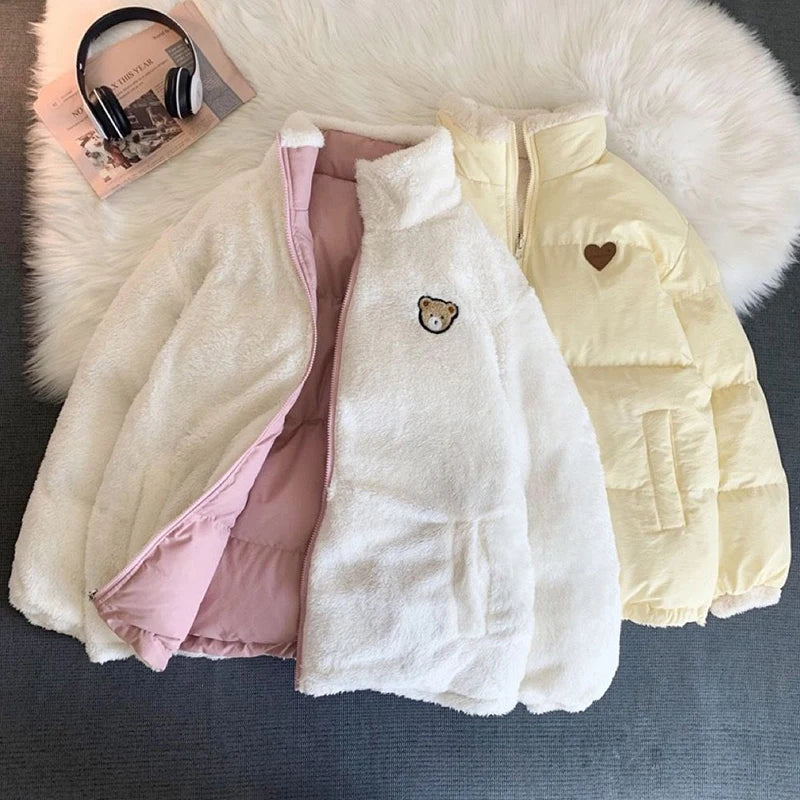 JMPRS Cute Embroidery Women Parkas Coat Winter Thick Hairy Korean Loose Warm Jacket Double Sided Design Pink Student Clothes