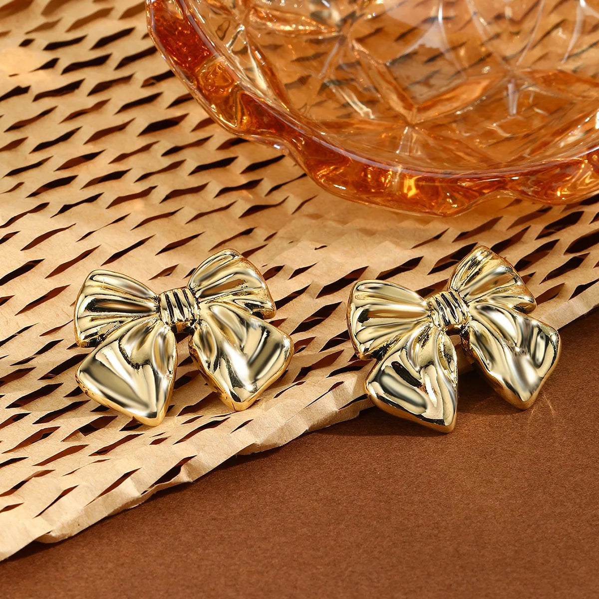 1 Pair Stainless Steel Metal Ribbon Bow Stud Earrings for Women Girls18K Gold Plated Cute Statement Piercing Jewelry Set Gift