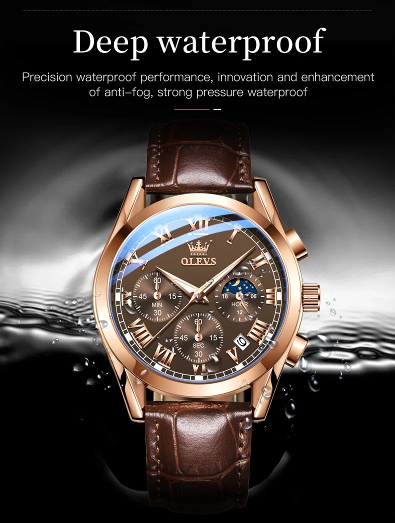 OLEVS Brand Men's Watches Chronograph Waterproof Calendar Quartz Male Watch Sports Leather strap Stainless steel Luxury Original