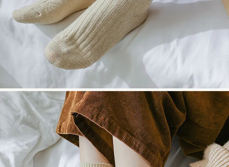 Autumn and Winter Diamond Check Wool Socks Coffee Color with Solid Color Women's Socks in The Tube Women's Warm Cotton Socks