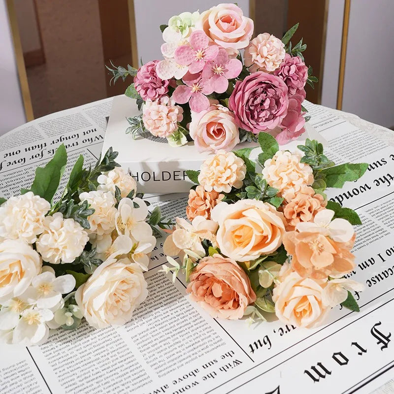 7 Heads Artificial Flowers Silk Peony Rose Hydrangea Bouquet Home Decorations Party Wedding Bride Fake Plants