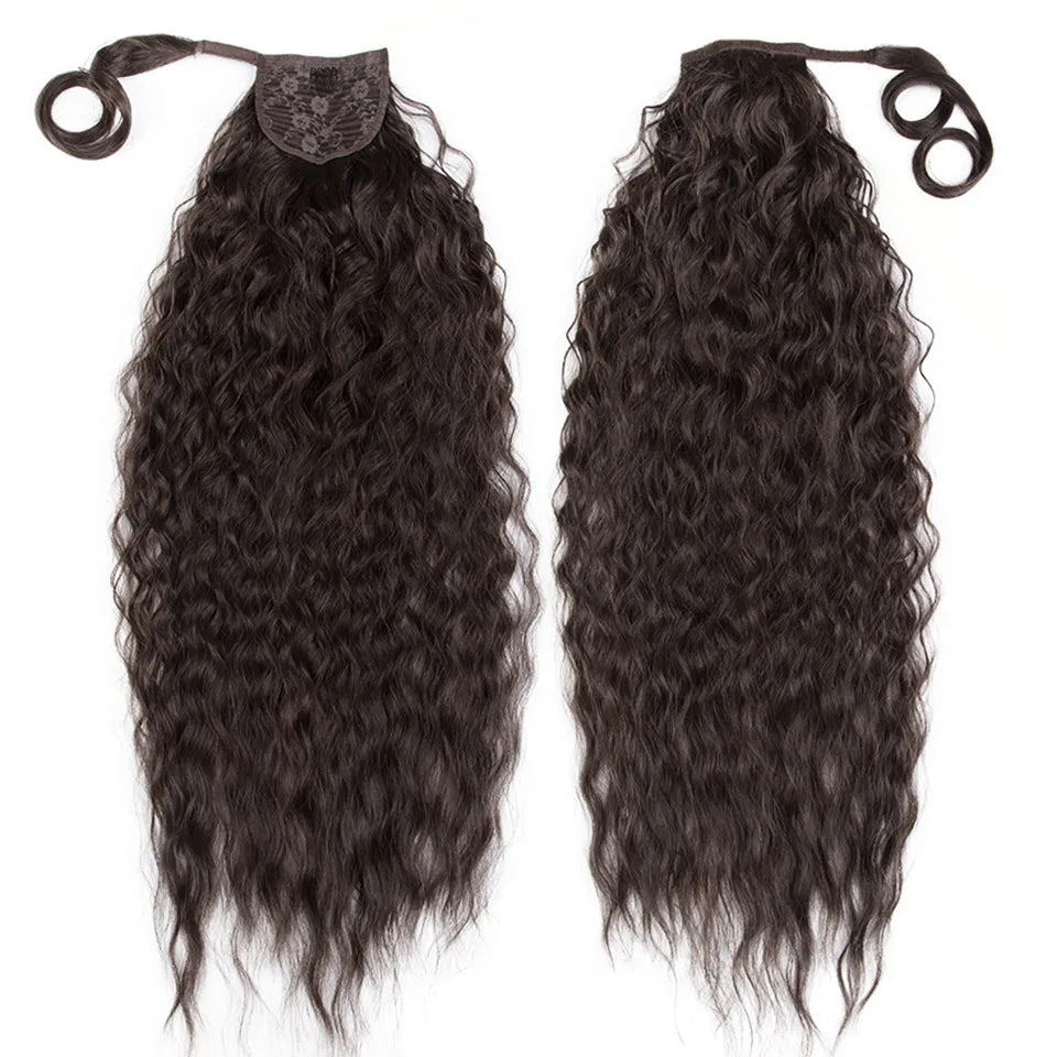 FASHION IDOL Kinky Curly Hair Synthetic Drawstring Ponytail Corn Wave Wrap Around Clip in Fake Hair Extensions Black Pony Tail