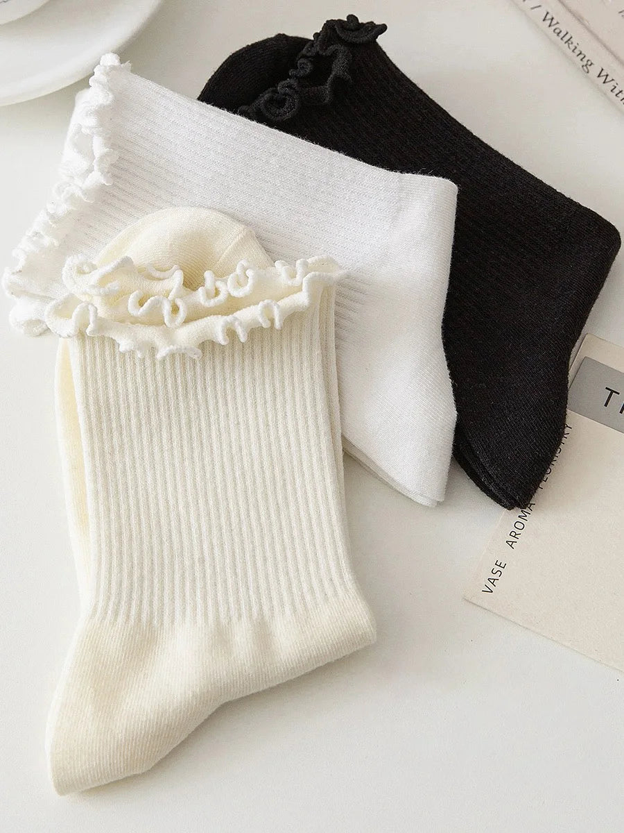 Ruffle Socks for Women 3pair /Lot Mid Crew Middles Tube Ankle High Breathable Black White Calcetines Female Spring Autumn Sock