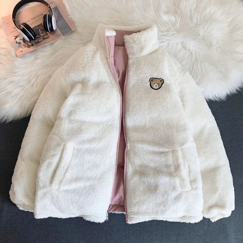 JMPRS Cute Embroidery Women Parkas Coat Winter Thick Hairy Korean Loose Warm Jacket Double Sided Design Pink Student Clothes