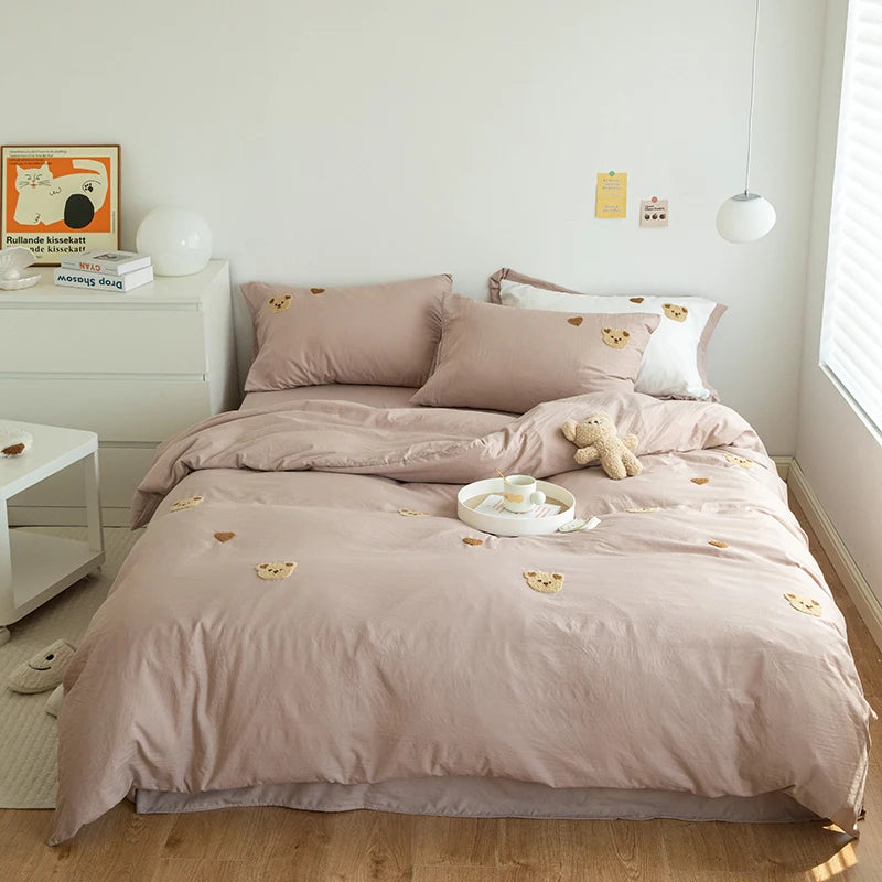 3PCS Baby Boys Bedding Set Bear Embroidered Cot Crib Bedding Set Cotton Korean Baby Bedding Duvet Cover+ Sheet+Pillowcase