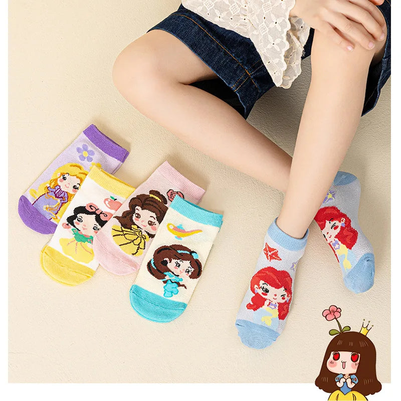 5 Pairs Disney Kids Socks Mesh Breathable Ice Thin Socks Summer Kawaii Cartoon Childrens Mid-calf Cotton Sock for Girls