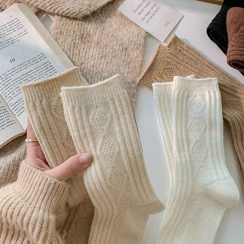 Autumn and Winter Diamond Check Wool Socks Coffee Color with Solid Color Women's Socks in The Tube Women's Warm Cotton Socks