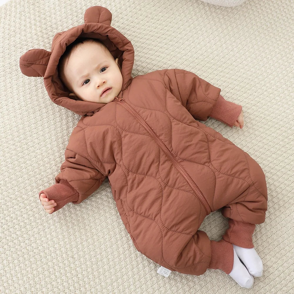 Baby jumpsuit Winter new plush and thick cotton clothes Newborn crawling clothes Baby and children's hooded outdoor clothes