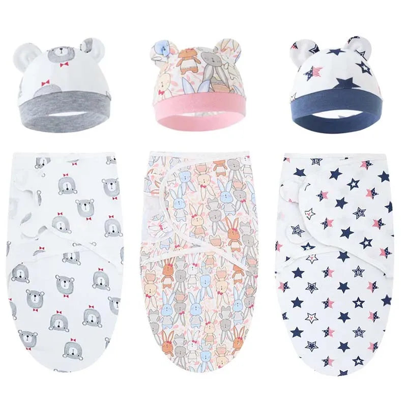 Cotton Newborn Swaddle Cartoon Printed Baby Blanket Hat Set All Seasons Adjustable Infant Sleeping Swaddle Wraps 0-6 Months