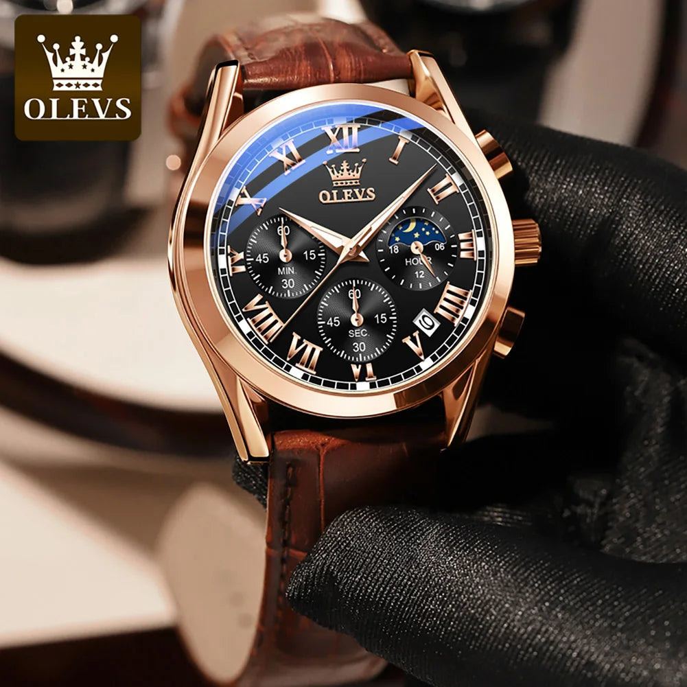 OLEVS Brand Men's Watches Chronograph Waterproof Calendar Quartz Male Watch Sports Leather strap Stainless steel Luxury Original