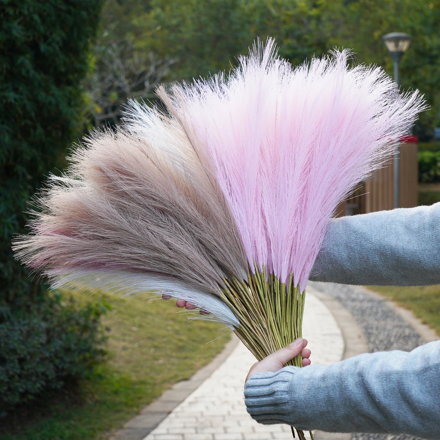 Small Artificial Pompas Grass Decor for Vase,10PCS Faux Pampas Grass Beige,Fake Fluffy Pampas Floral for Home Wedding Boho Decor