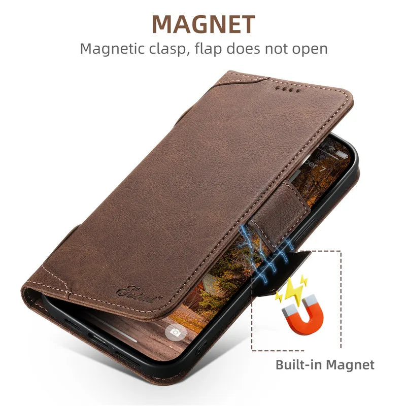 EUCAGR Magsafe Business Leather Wallet Phone Case For iPhone 12 13 14 15 Pro Max Plus 15Plus 14Pro With Flip Card Holder Cover