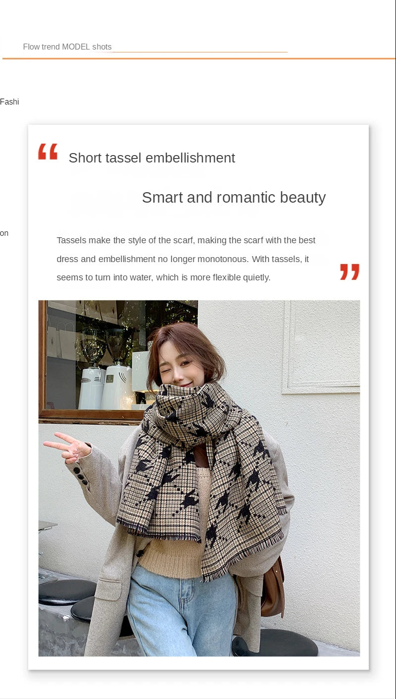 Fashion Brand Cashmere Scarf Women Winter Autumn Houndstooth Plaid Long Pashmina Cold Day Double-sided Tassel Thick Shawl Ladies