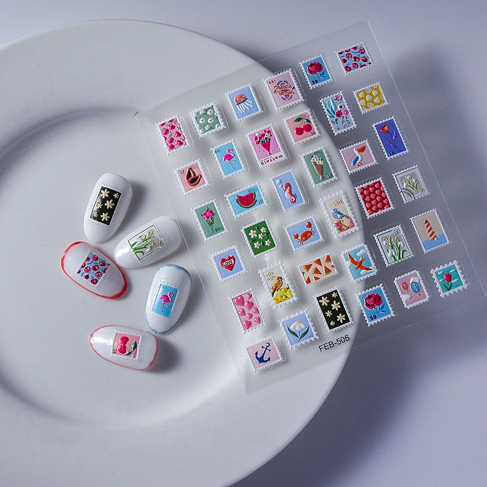 Post Stamp Design Nail Sticker Adhesive Sliders Textured Engraved Decoration Supplies FEB-505