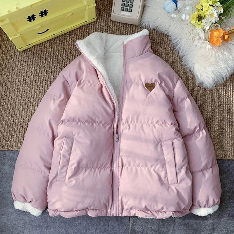 JMPRS Cute Embroidery Women Parkas Coat Winter Thick Hairy Korean Loose Warm Jacket Double Sided Design Pink Student Clothes