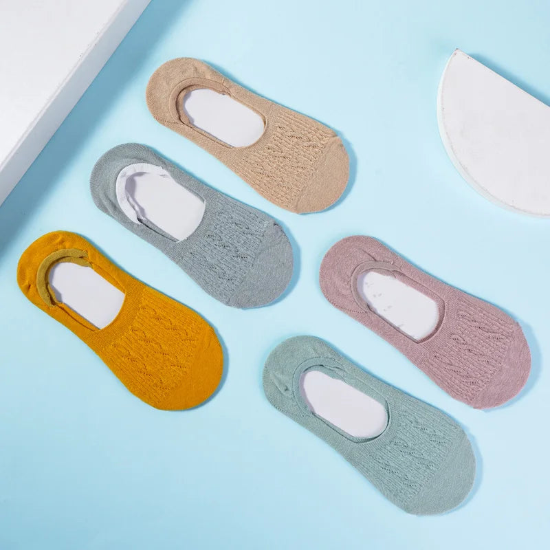 5 Pairs Women Cotton Low Cut Socks Solid Snowflake Softable Summer Silicone Non-slip Deep Mouth Prevent Heel Loss Slipper Socks