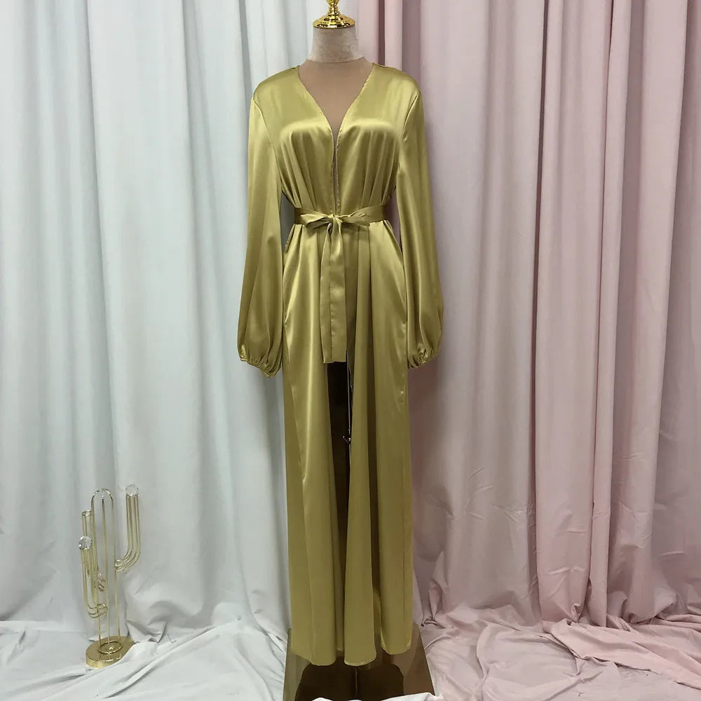 Ramadan Eid Fashion Silky Satin Muslim Abayas Robe Musulmane Abaya Cardigan Muslim Arab Worship Service Clothing Wy836