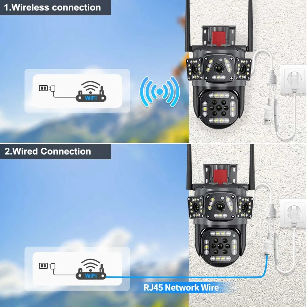 6K 12MP WiFi Surveillance Camera Outdoor Three Lens Three Screen CCTV Waterproof PTZ Mini Street Camera 360° Security Camera