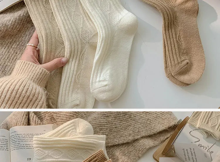Autumn and Winter Diamond Check Wool Socks Coffee Color with Solid Color Women's Socks in The Tube Women's Warm Cotton Socks